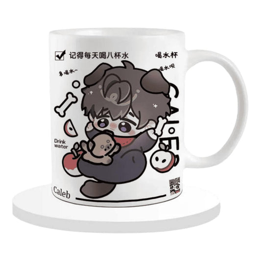Caleb Love and Deepspace Mug Set - 330ml Chibi Ceramic Mug with Spoon & Coaster - Ideal Gift for Game Fans Featuring Zayne, Xavier, Rafayel, Sylus & Caleb