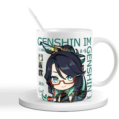 Genshin Ceramic Mug Set - 330ml Chibi Ceramic with Spoon Coaster - Gift for Anime Fans - Zllada