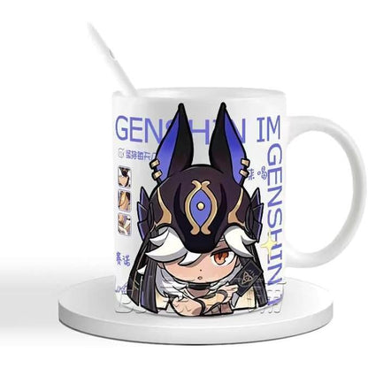 Genshin Ceramic Mug Set - 330ml Chibi Ceramic with Spoon Coaster - Gift for Anime Fans - Zllada