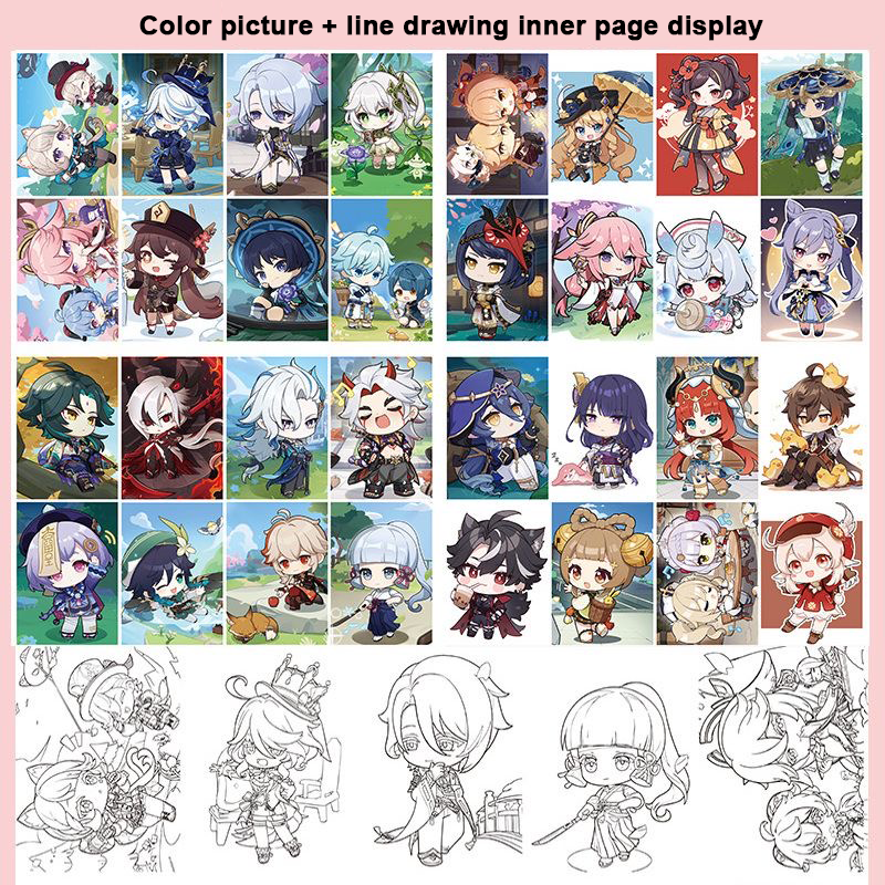 Q-Style Mix Genshin Impact Coloring Book Merch - Anime Merchandise Tracing and Sketch Book - 30 Pages of Line Art - Hand-Drawn Anime Characters Sketchbook - Gift for Game Fans - Zllada
