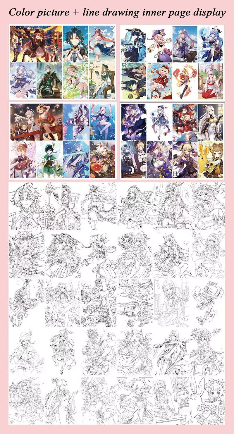 Q-Style Mix Genshin Impact Coloring Book Merch - Anime Merchandise Tracing and Sketch Book - 30 Pages of Line Art - Hand-Drawn Anime Characters Sketchbook - Gift for Game Fans - Zllada